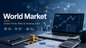 World market outlook illustration showing global finance trends, market risk icons, investment analysis cards, and finoralab.com branding