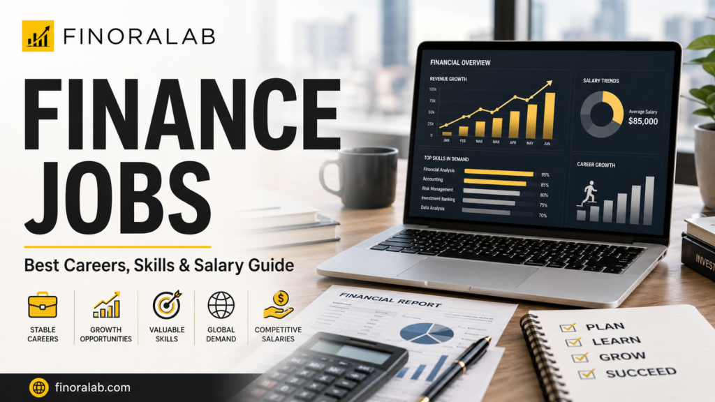 Finance jobs career guide featured image with FinoraLab logo, laptop financial charts, salary trends, calculator, reports, and career growth visuals.