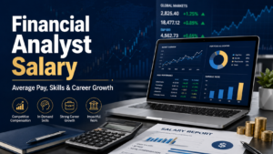 Financial analyst salary guide with laptop financial charts, calculator, salary report, coins, and stock market dashboard on a modern finance desk.
