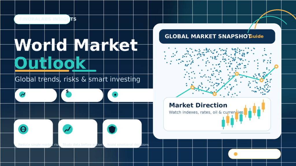 World market outlook illustration showing global finance trends, market risk icons, investment analysis cards, and finoralab.com branding